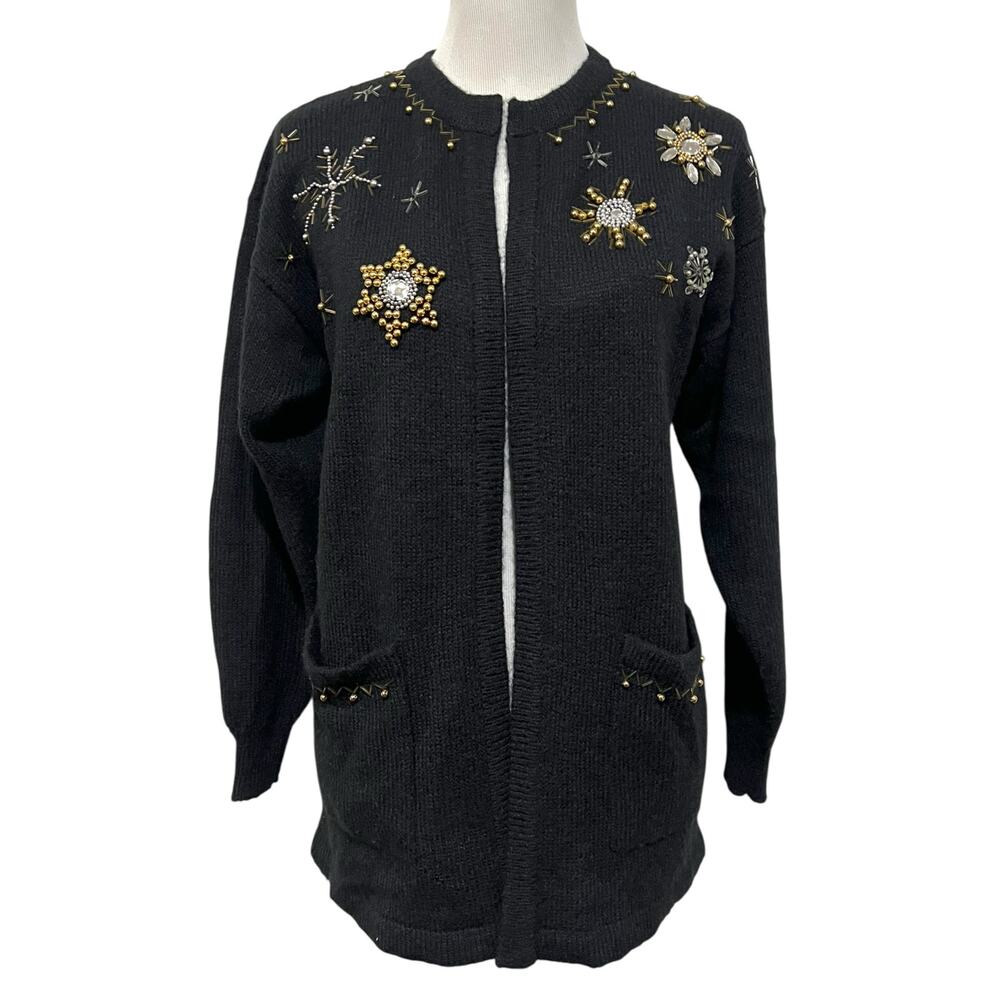 P'Galli Black Cardigan Sweater Beaded Snowflakes Winter Pockets Womens Sz Small